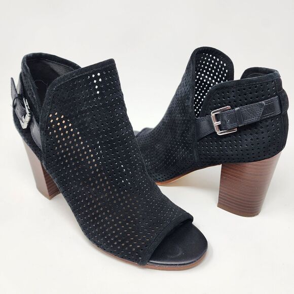 Sam Edelman Bootie Women 9M Easton Black Suede Perforated Stacked Heel Peep Toe - Picture 2 of 10